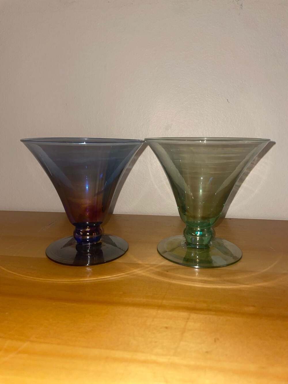 Pair Hand Blown Mexican Art Glass Goblets Blue Green